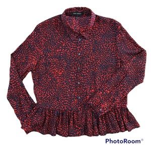 Pink Tartan Button-Up Stretch Silk Blouse Size 12 in Abstract Dot Print